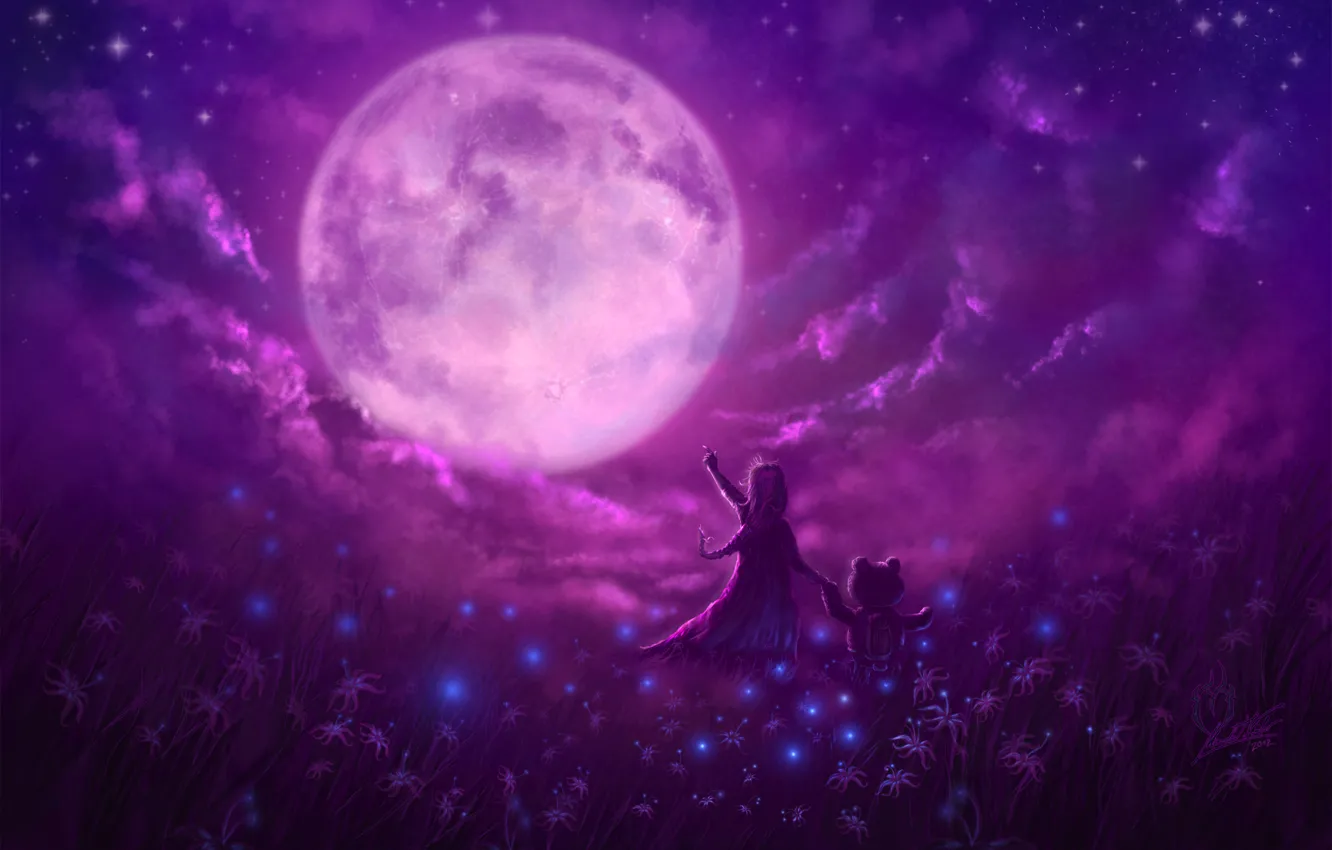 Фото обои звезды, цветы, волшебство, луна, поляна, Ночь, мишка, девочка