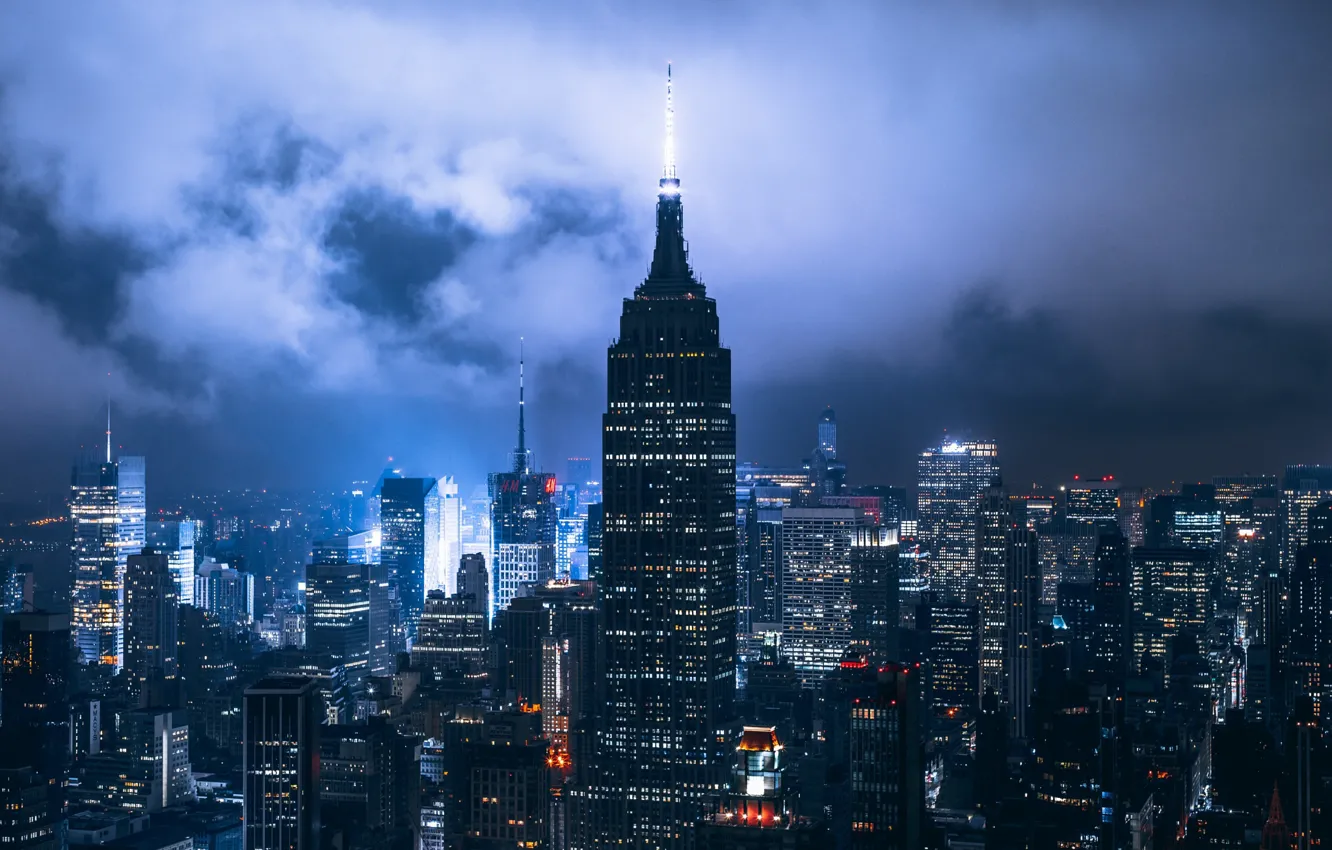 Фото обои облака, ночь, город, огни, США, Нью Йорк