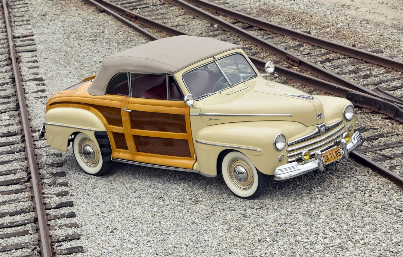 Фото обои ретро, рельсы, Ford, Форд, шпалы, передок, 1947, Convertible
