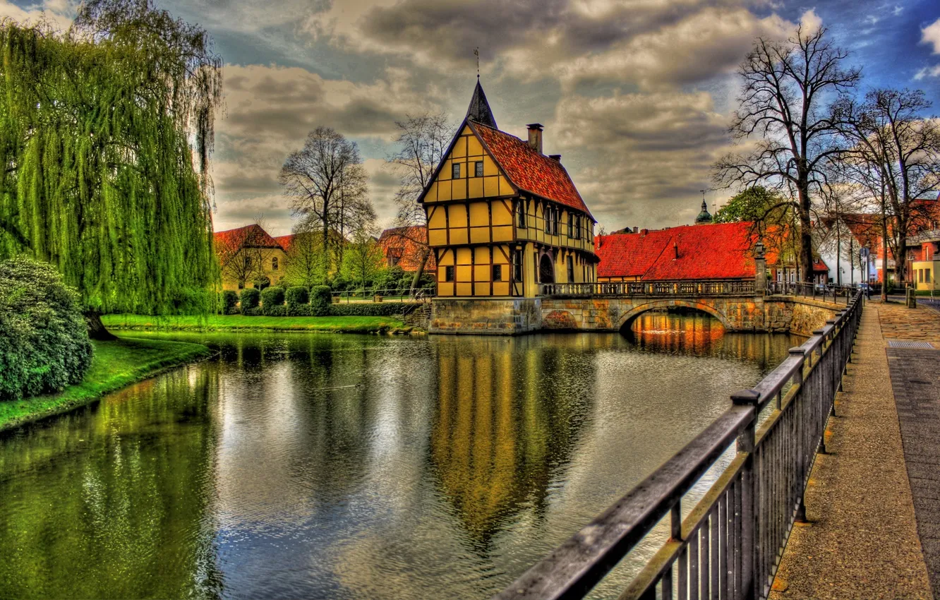 Фото обои мост, green, красота, colors, colorful, Германия, house, grass
