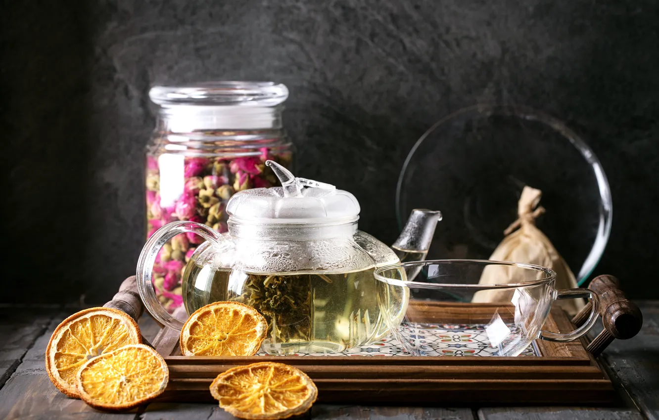 Фото обои зеленый, чай, апельсин, чайник, поднос, Roman Dbree