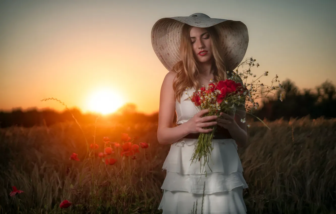 Фото обои девушка, закат, цветы, природа