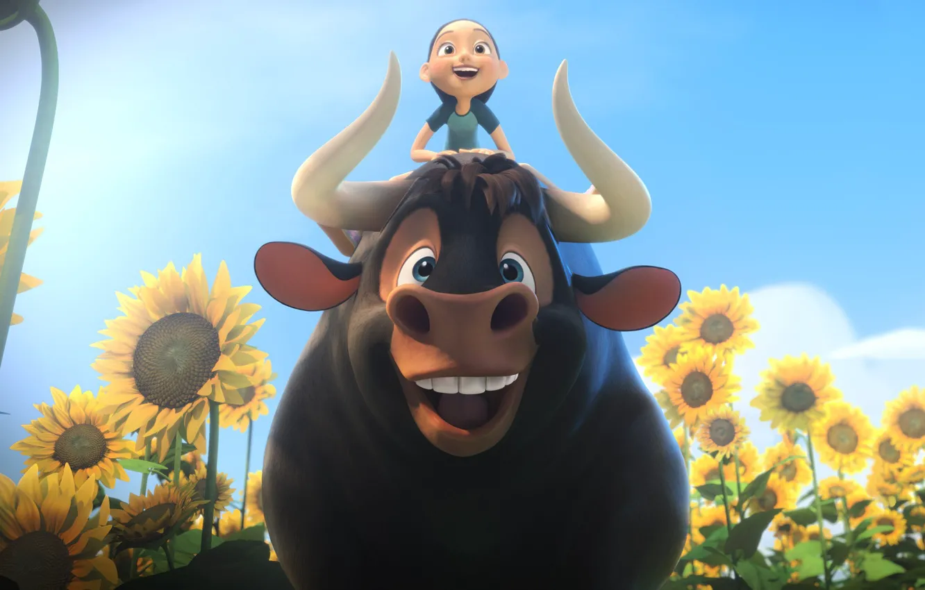 Фото обои girl, flower, bull, friends, animated film, Ferdinand, hana, animated movie