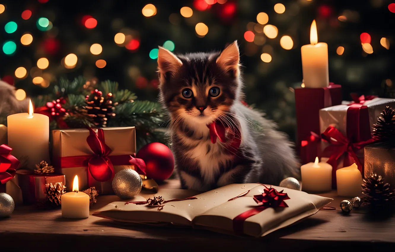 Фото обои животные, игрушки, новый год, свечи, котёнок, боке, веточки елки, Автор: Naarok0fKor