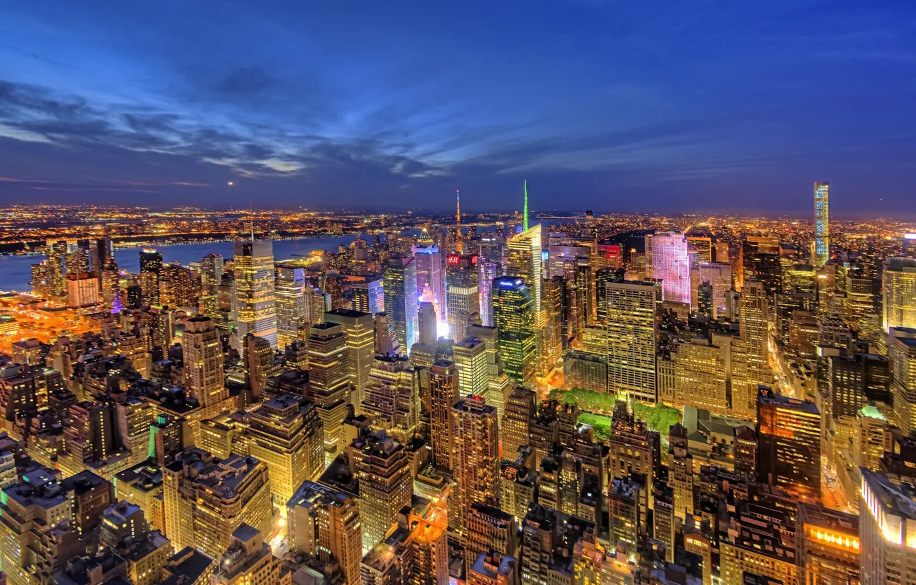 Фото обои здания, Нью-Йорк, панорама, ночной город, Манхэттен, небоскрёбы, Manhattan, NYC