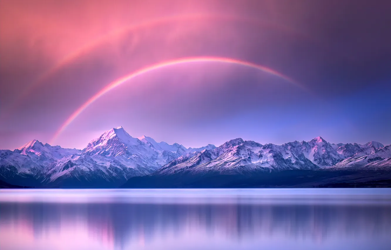 Фото обои rainbow, sky, landscape, New Zealand, nature, water, winter, mountains