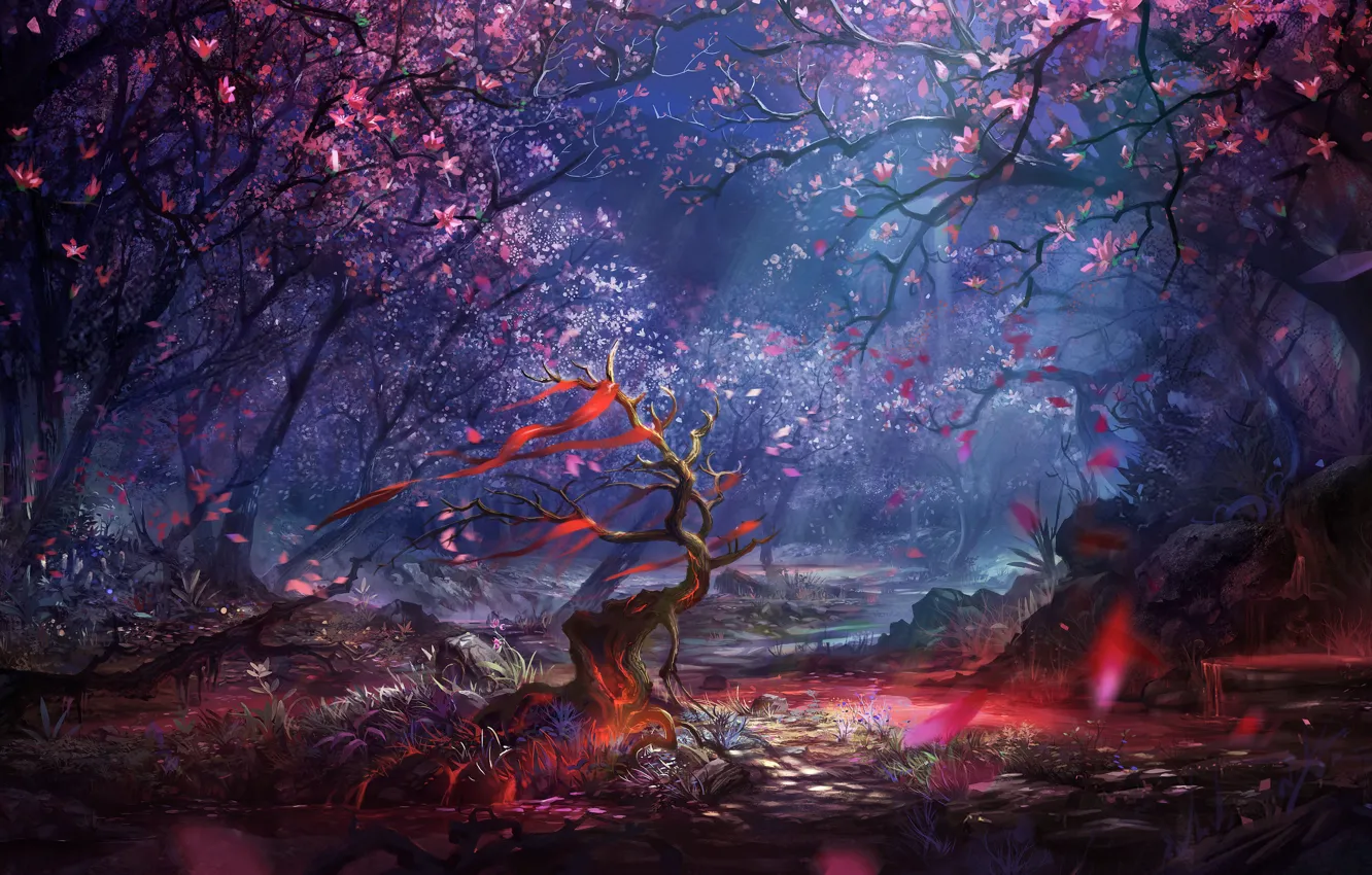 Фото обои лес, вишня, камни, кровь, сакура, blood, forest, деревце