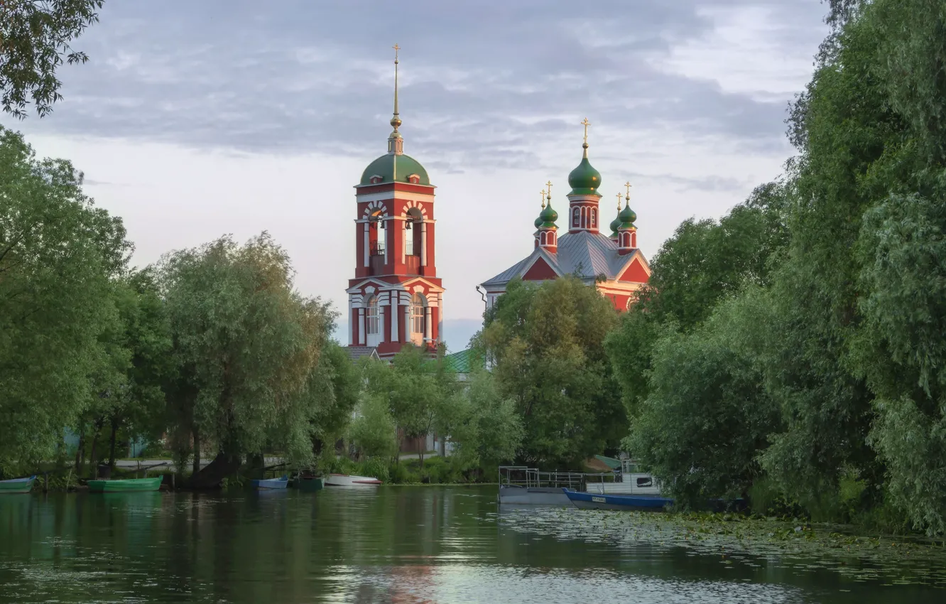 Фото обои деревья, берег, церковь, храм, водоем