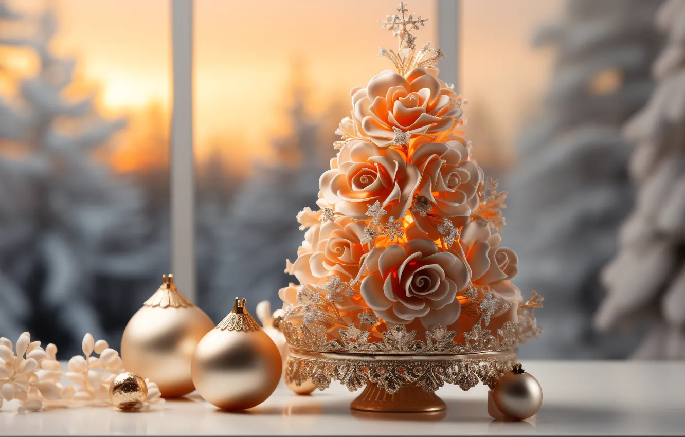 Фото обои украшения, шары, елка, новый год, Рождество, golden, Christmas, design