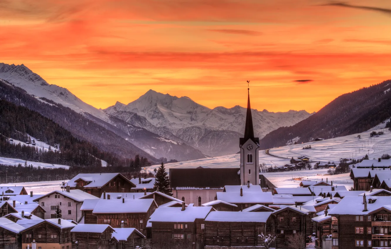 Фото обои Switzerland, sunset, winter, Goms, Ulrichen