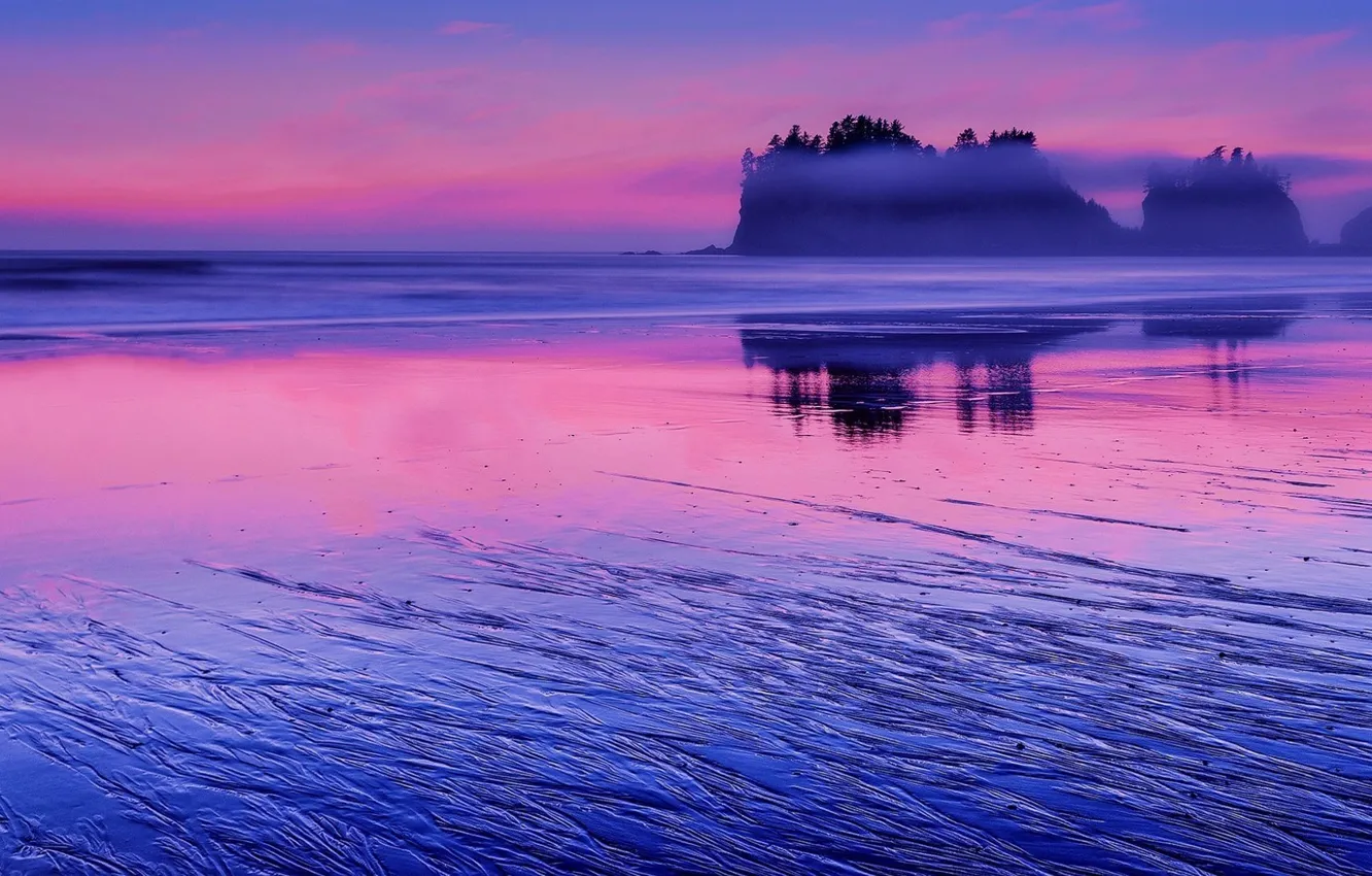 Фото обои Pacific Ocean, Washington, beach, United States, sunset, pink, rock, water