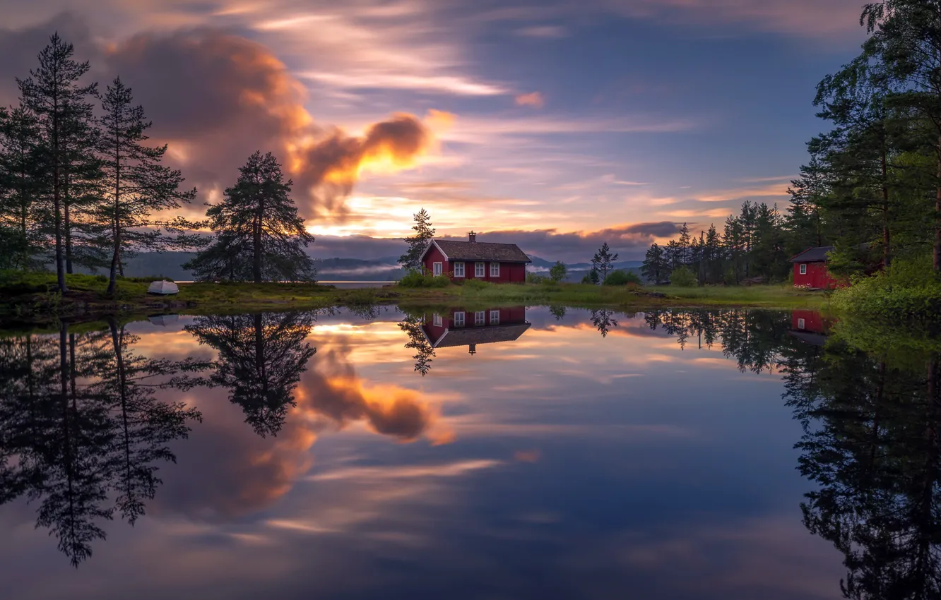 Фото обои закат, озеро, дом