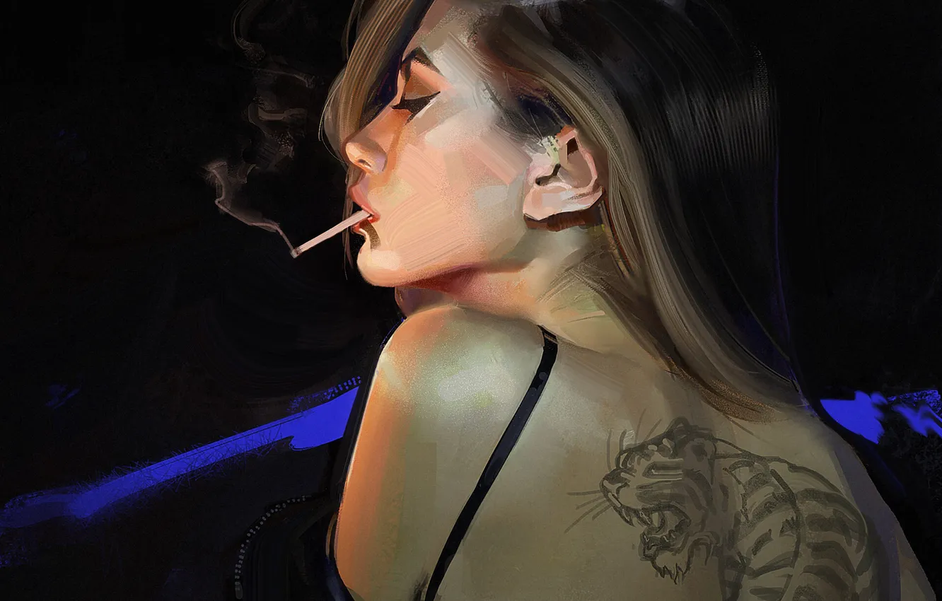 Фото обои девушка, спина, тату, арт, сигарета, профиль, черный фон, art