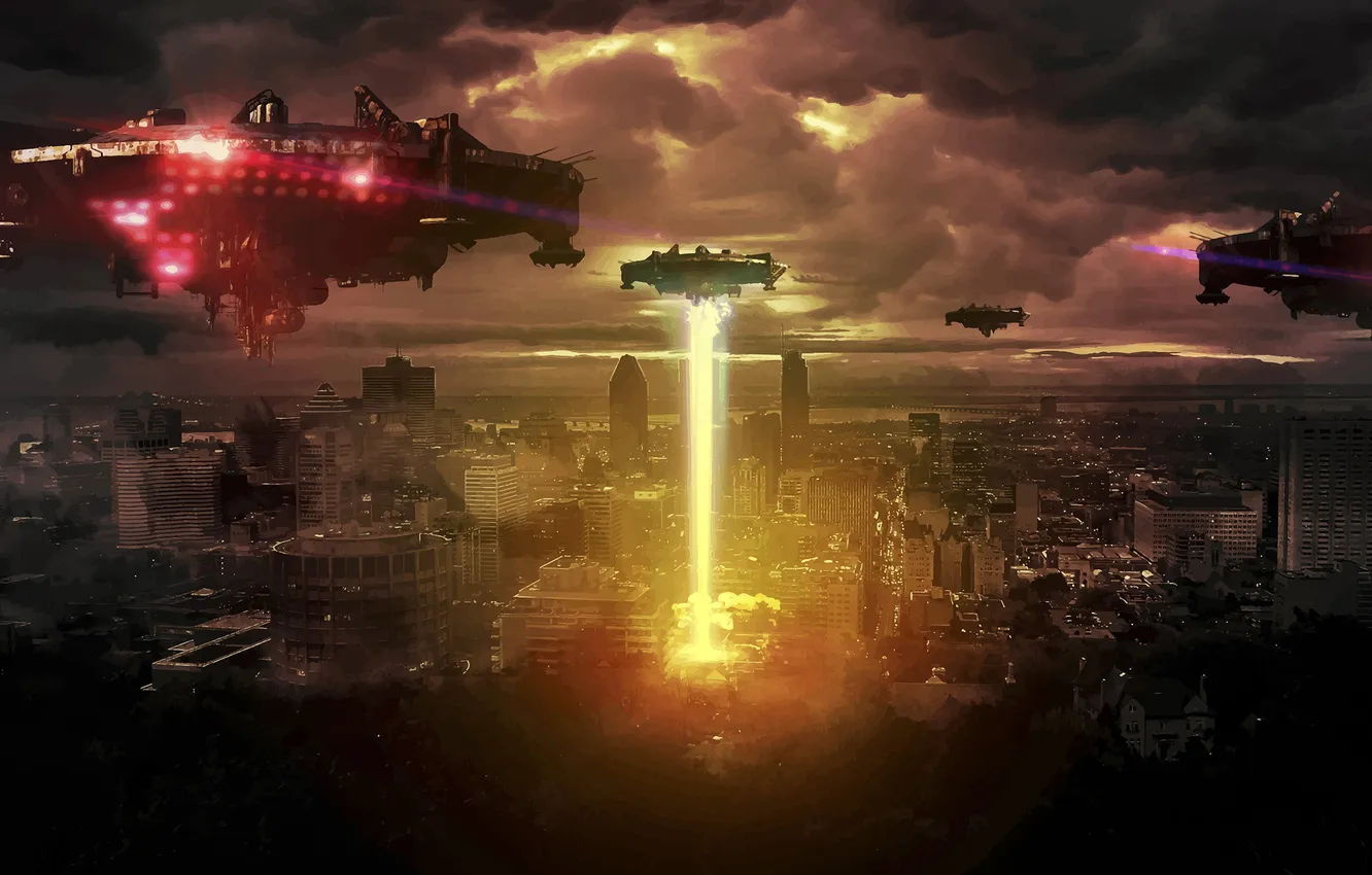 Фото обои city, lights, sky, aircraft, art, city lights, clouds, spaceship