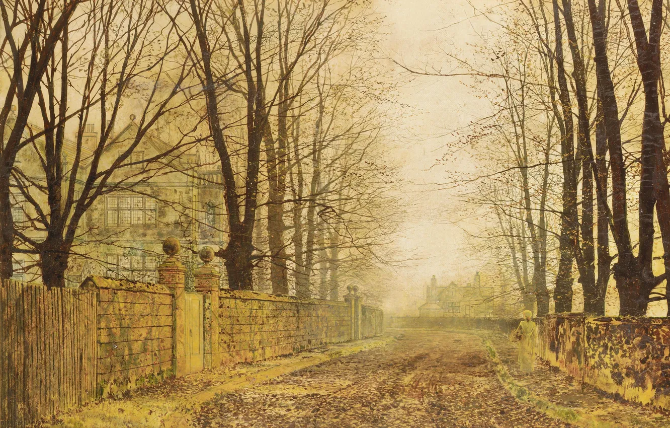 Фото обои дорога, осень, листья, John Atkinson Grimshaw, Golden Eve