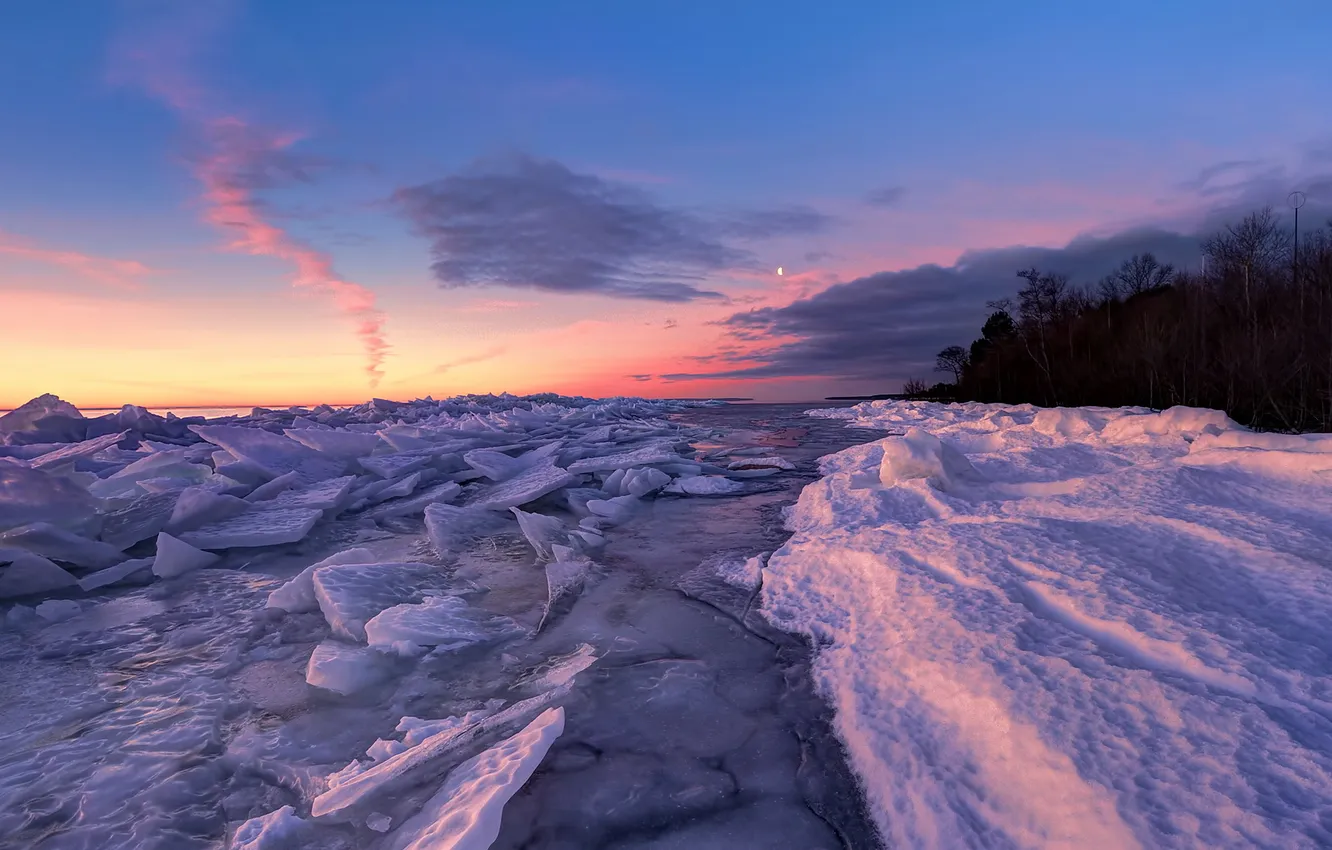 Фото обои пейзаж, закат, река, лёд