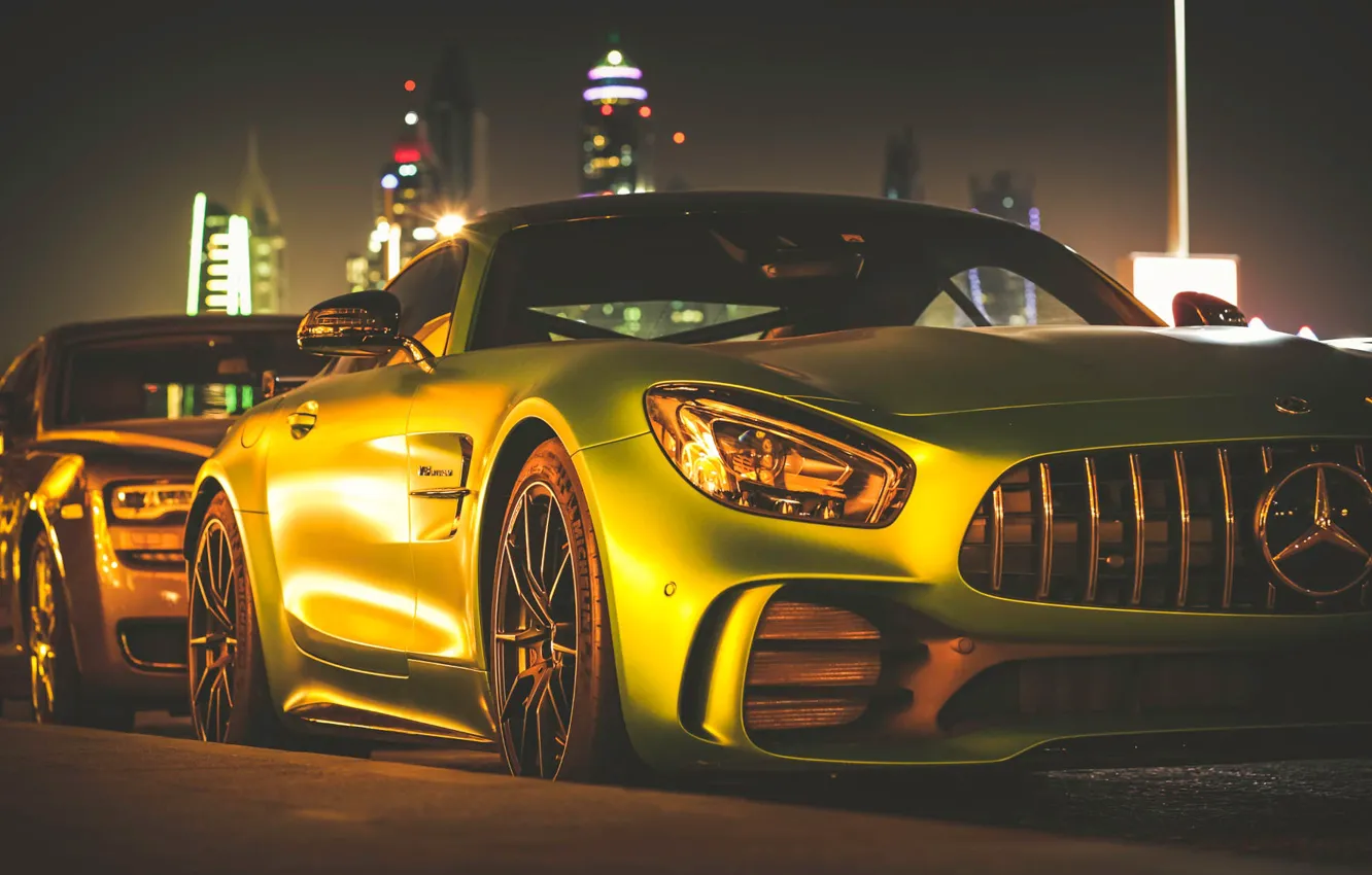 Фото обои ночь, Mercedes-Benz, освещение, Green Monster