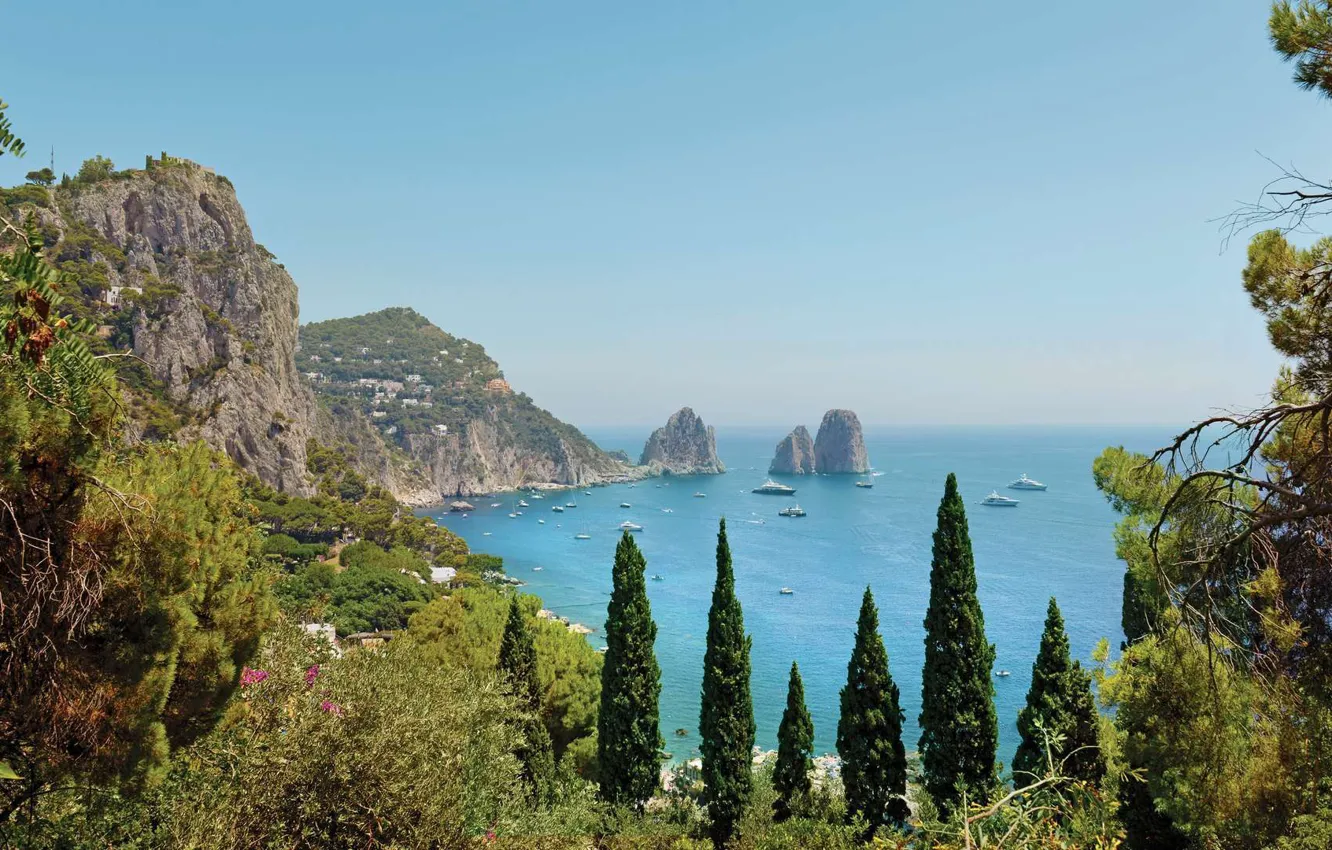 Фото обои деревья, горы, озеро, яхты, Италия, Капри, Marina Piccola