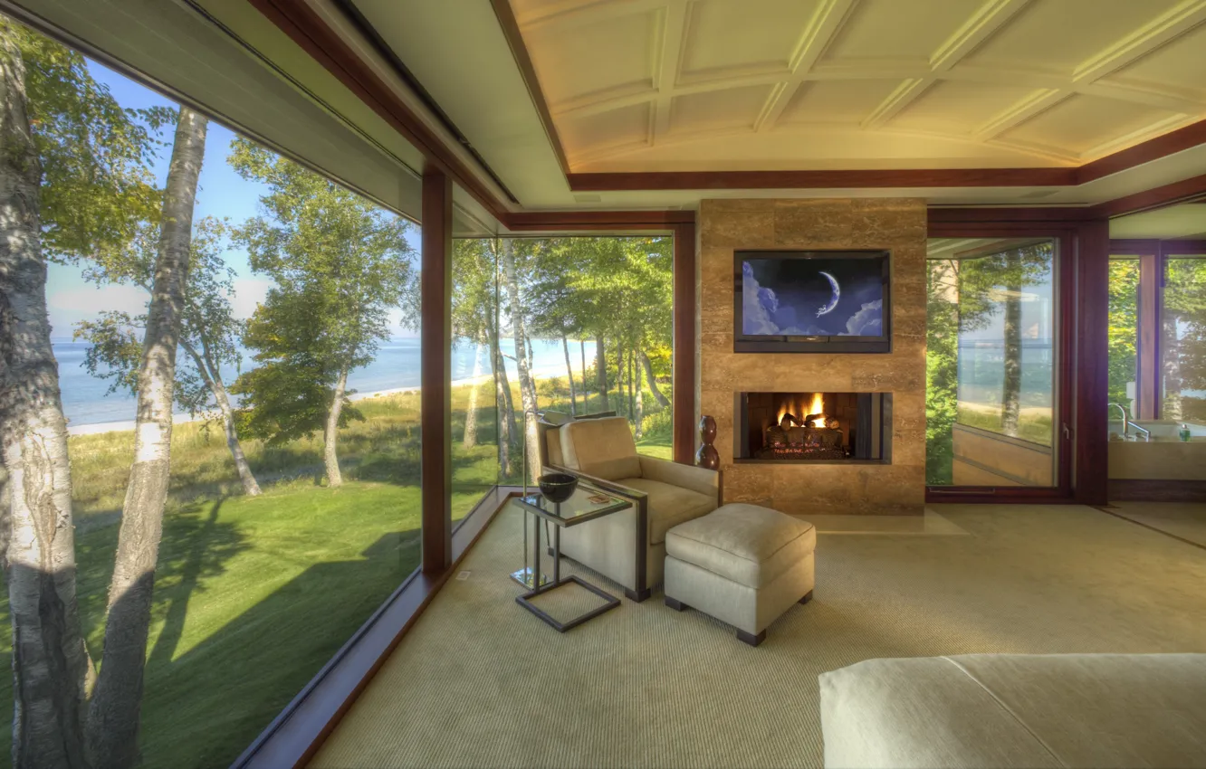 Фото обои интерьер, камин, гостиная, на берегу озера, Lake Michigan House, overlooking Good Harbor Bay, DesNorth