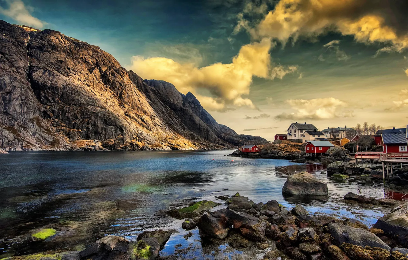 Фото обои горы, дома, Норвегия, Nusfjord in Lofoten, Fishing village, Nusfjord