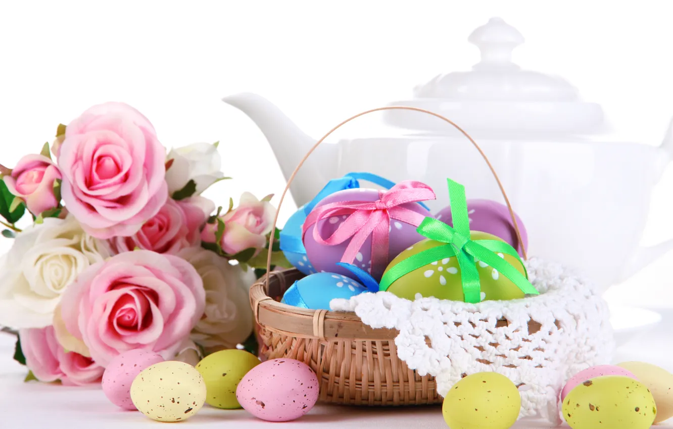 Фото обои цветы, праздник, розы, яйца, весна, чайник, Пасха, корзинка