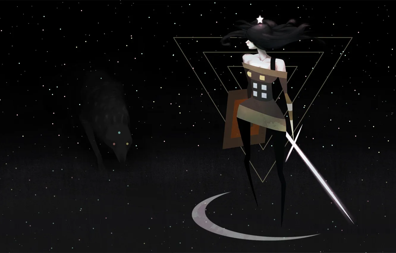 Фото обои девушка, звезды, меч, фанарт, Superbrothers: Sword &amp; Sworcery EP