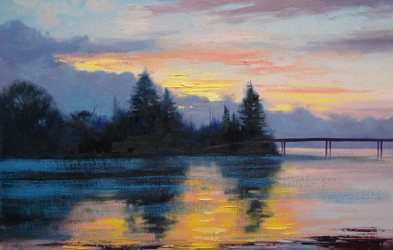 Фото обои Рисунок, Арт, Artsaus, Lake Sunset Painting