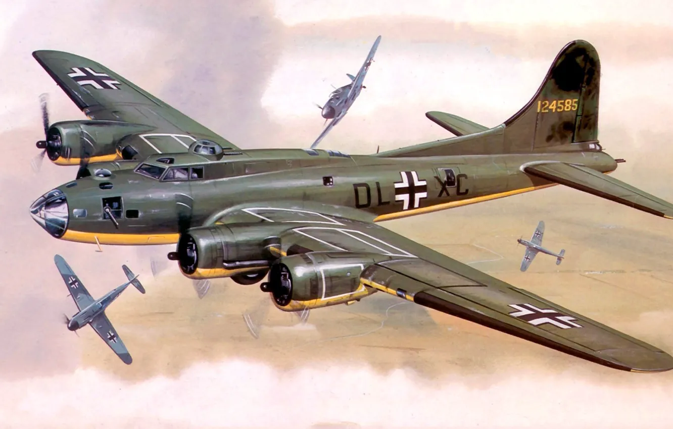 Фото обои рисунок, арт, Boeing, тренировочный полёт, B-17, bf-109, Летающая крепость, Flying Fortress