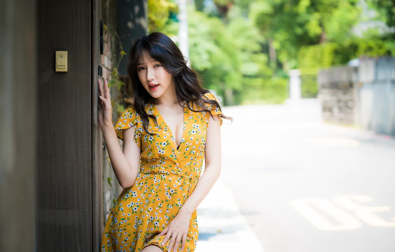 Фото обои девушка, секси, платье, азиатка, боке