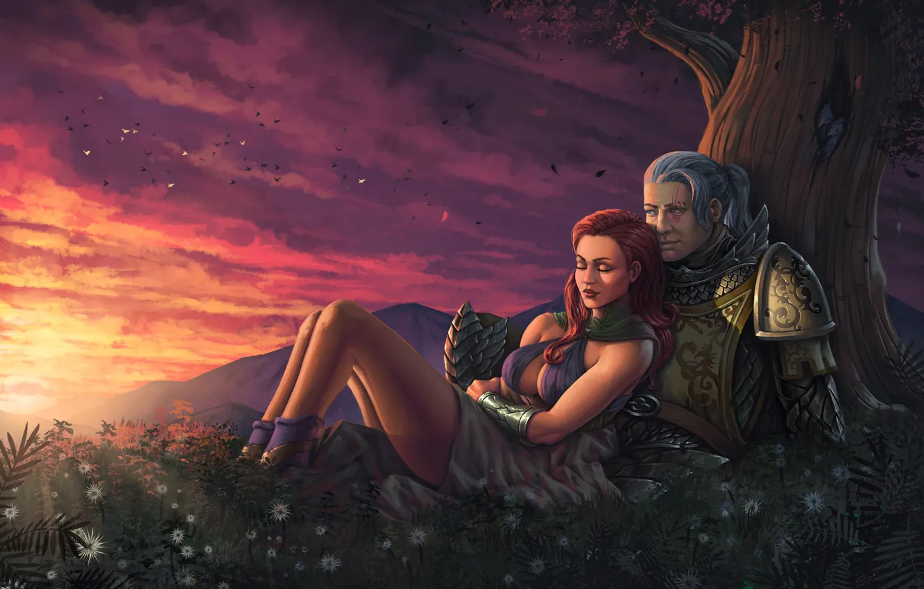 Фото обои грудь, девушка, закат, дерево, мужчина, рыжая, Guild Wars 2, art