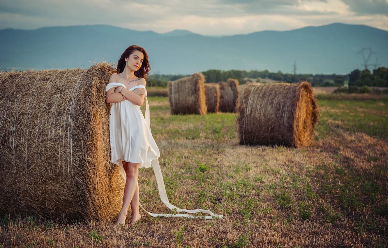 Фото обои поле, девушка, природа, платье, брюнетка, сено, солома, Иван Георгиев