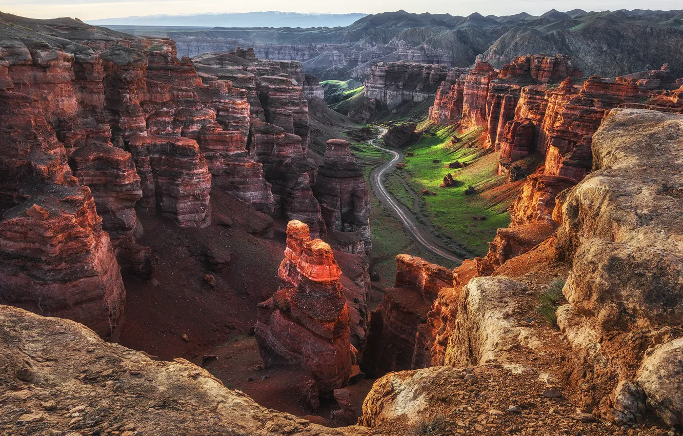 Фото обои скалы, утро, Казахстан, Каньон Чарын