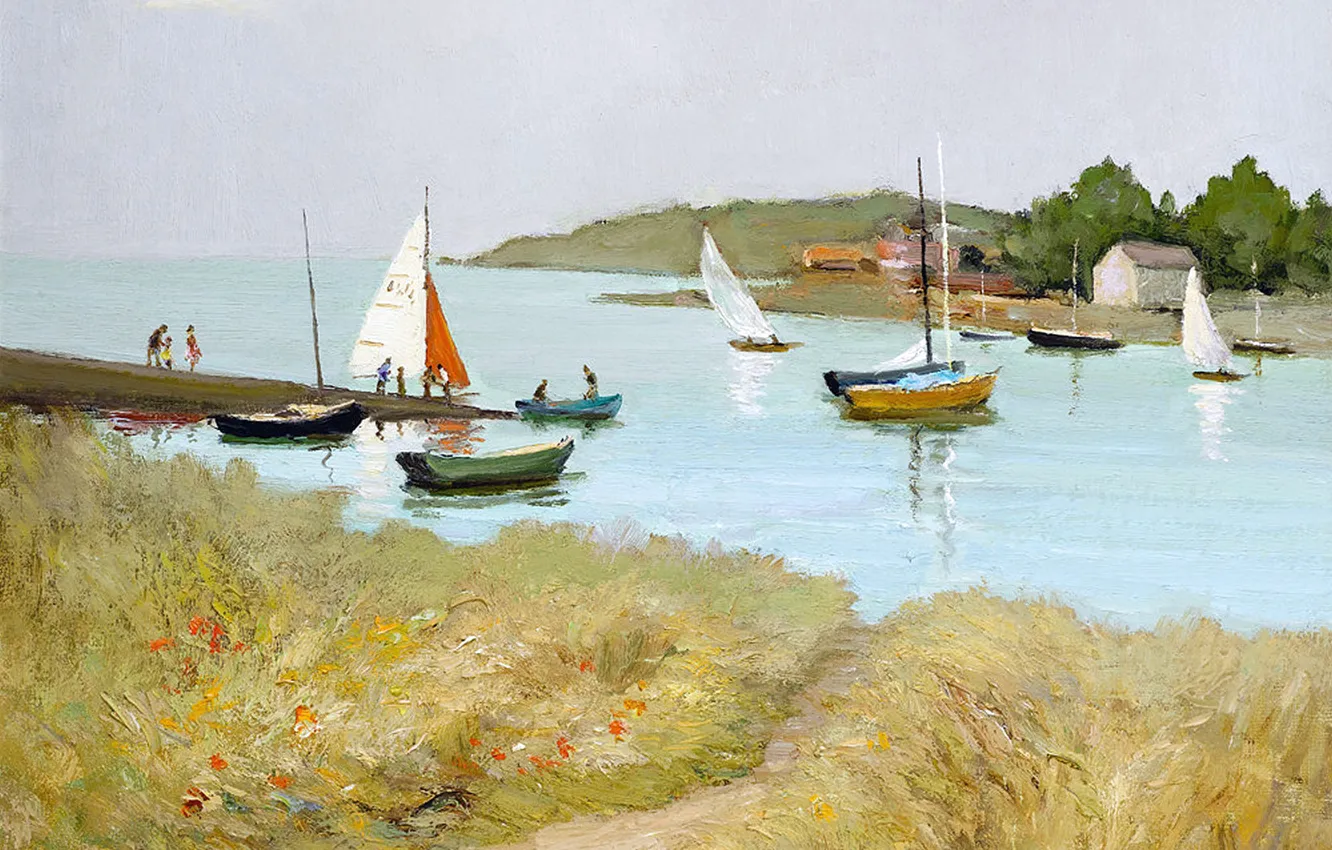 Фото обои море, трава, пейзаж, цветы, люди, берег, картина, лодки
