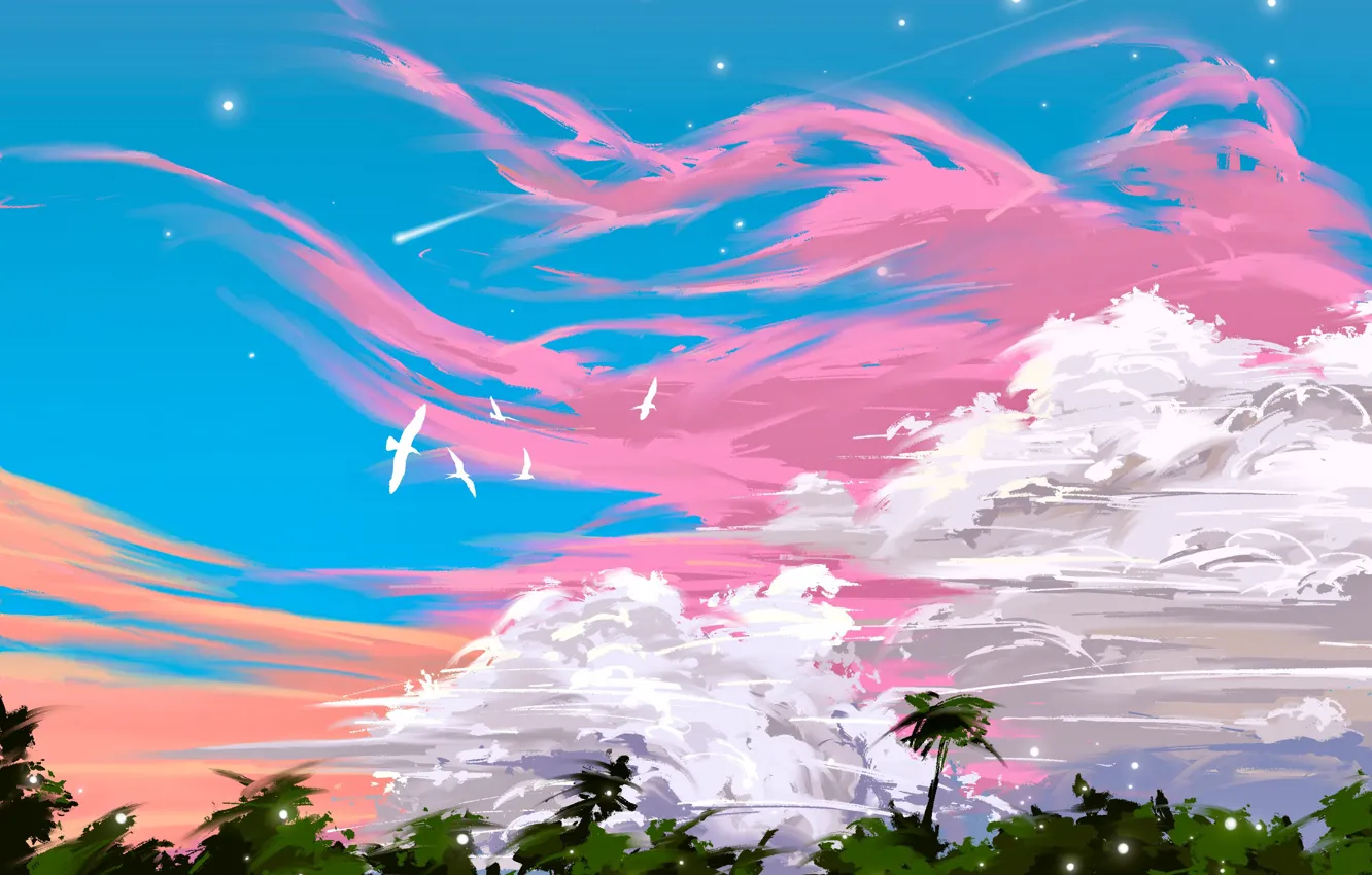Фото обои небо, облака, птицы, пальмы