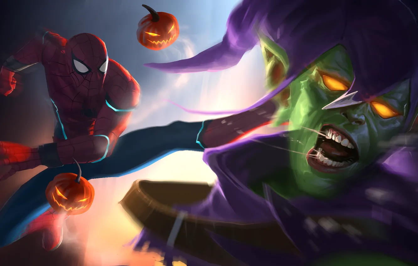 Фото обои Art, Marvel, Comics, Peter Parker, Spider Man, Green Goblin, Fight, Norman Osborn