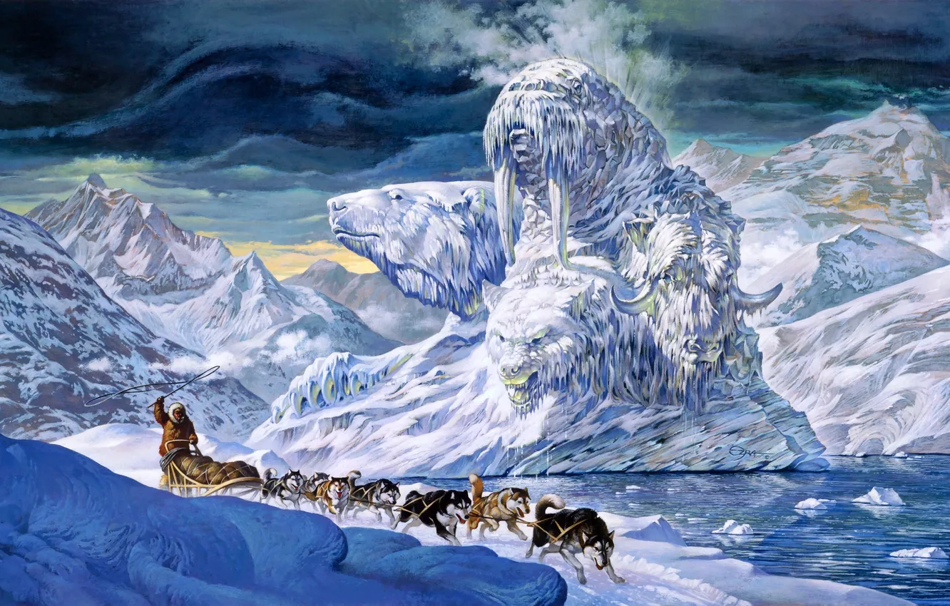 Фото обои животные, снег, горы, фантастика, волк, лёд, айсберг, морж