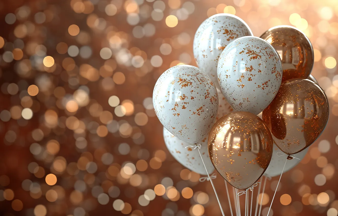Фото обои воздушные шары, фон, день рождения, golden, Happy Birthday, background, bokeh, balloons