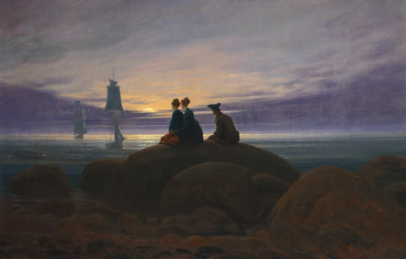 Фото обои пейзаж, камни, люди, корабль, картина, парус, Каспар Давид Фридрих, Восход Луны над Морем