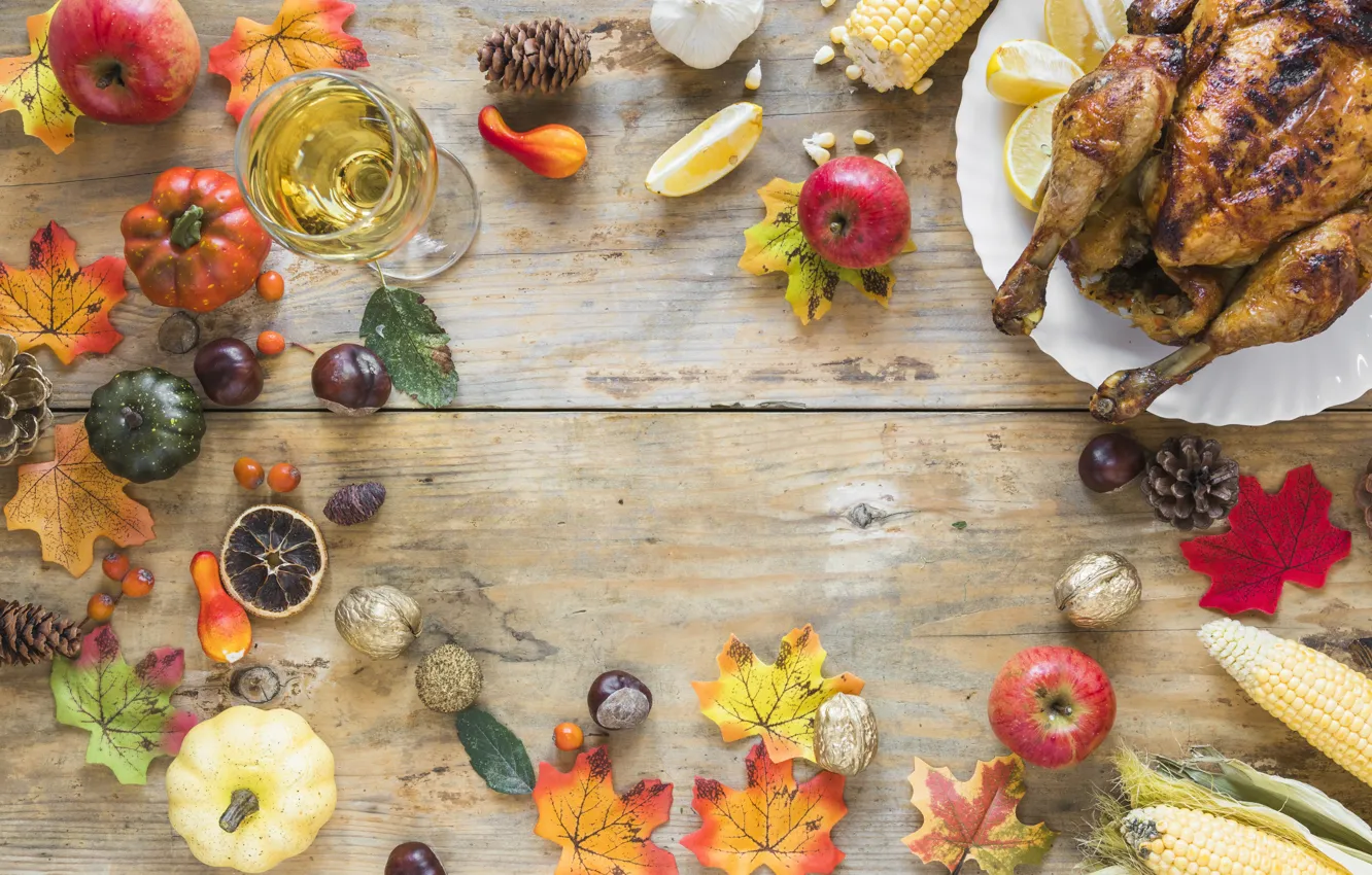 Фото обои осень, листья, фон, яблоки, курица, colorful, тыква, фрукты