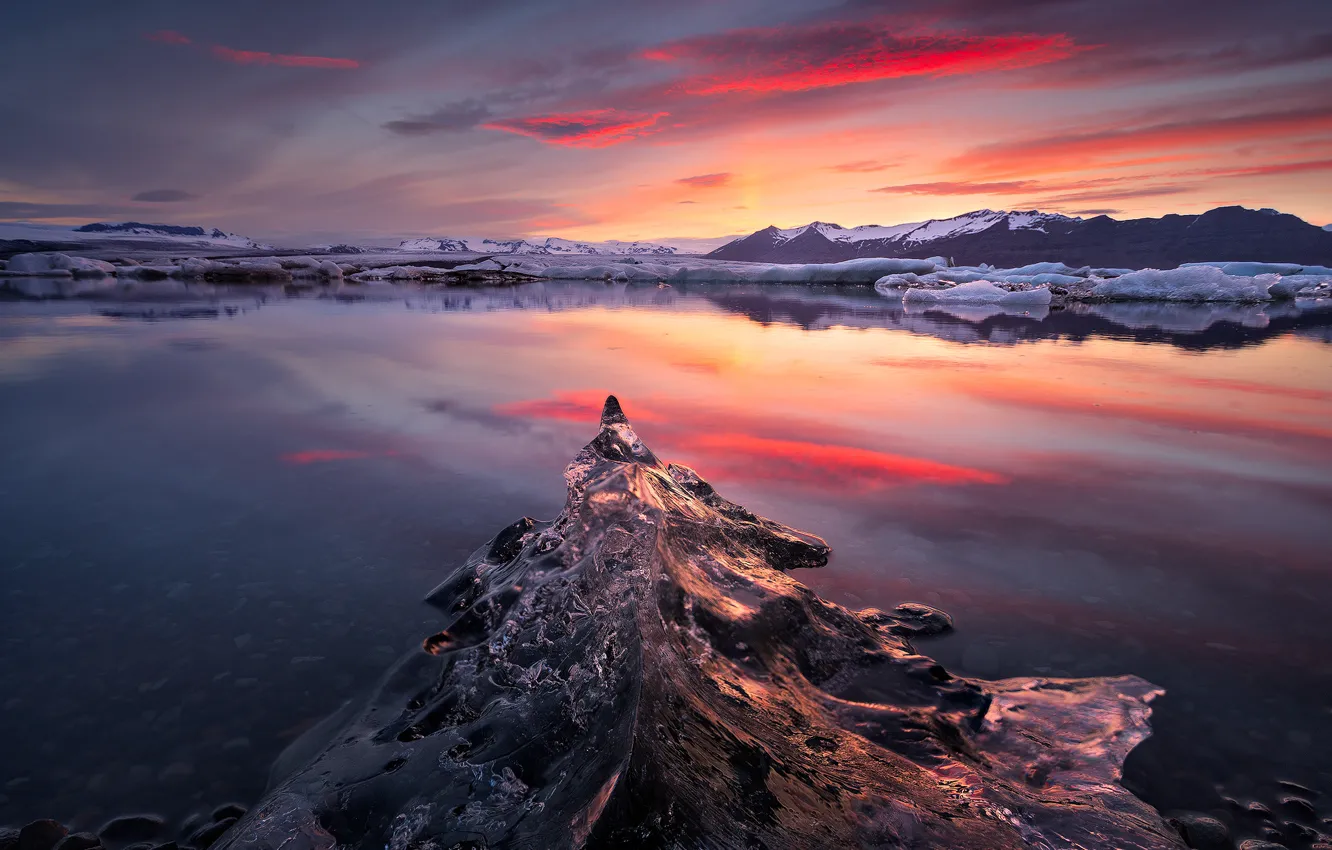 Фото обои лед, небо, горы, природа, озеро, рассвет