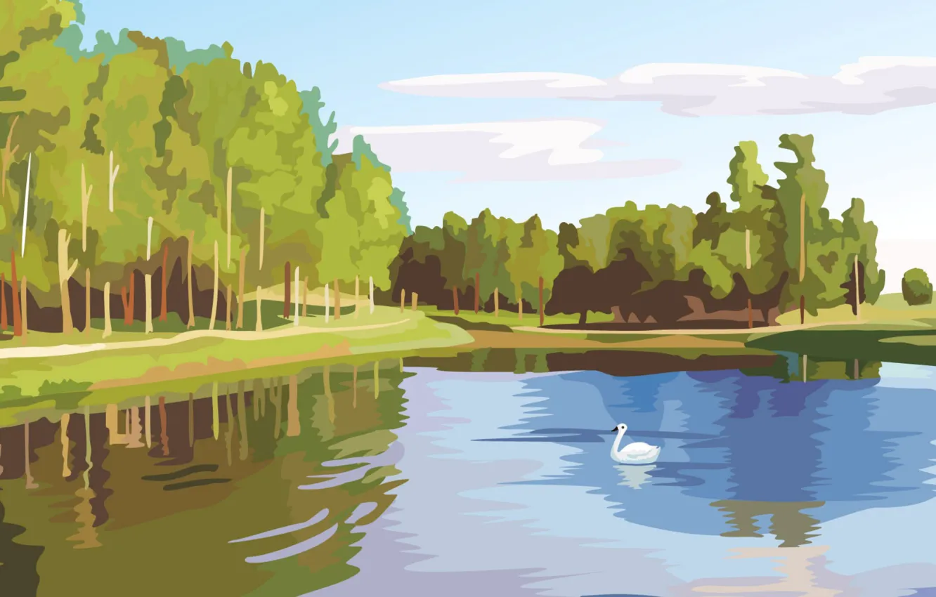 Фото обои лес, озеро, вектор, лебедь, цифровая живопись