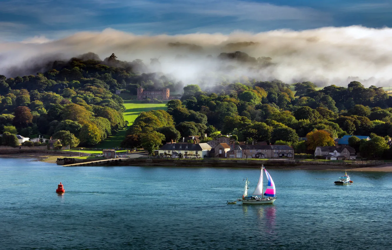 Фото обои лето, деревья, замок, берег, лодка, Англия, парусник, лодки