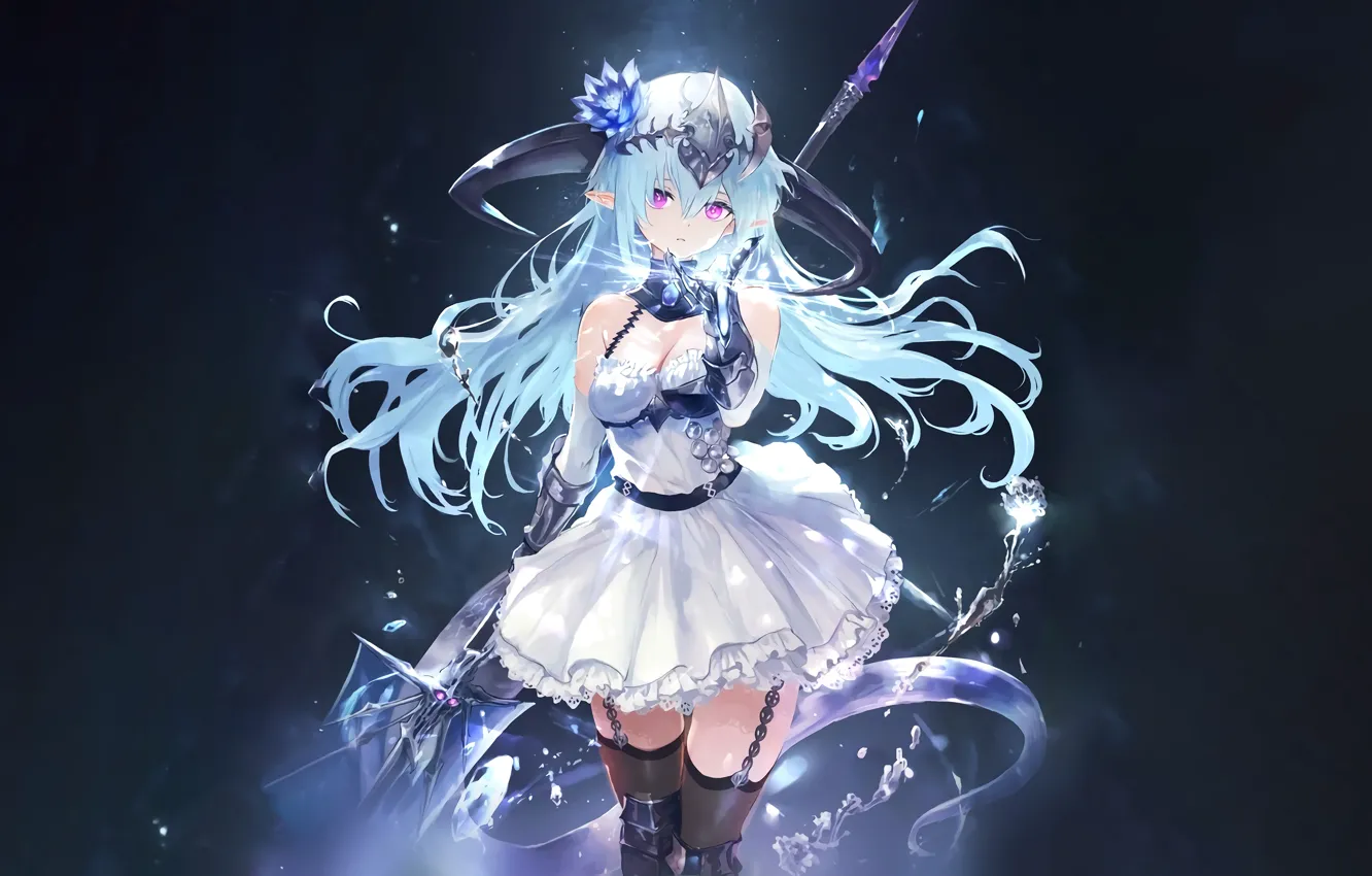 Фото обои weapon, anime, red eyes, anime girls, blue hair, pointy ears, Shadowverse, Filene(Shadowverse)