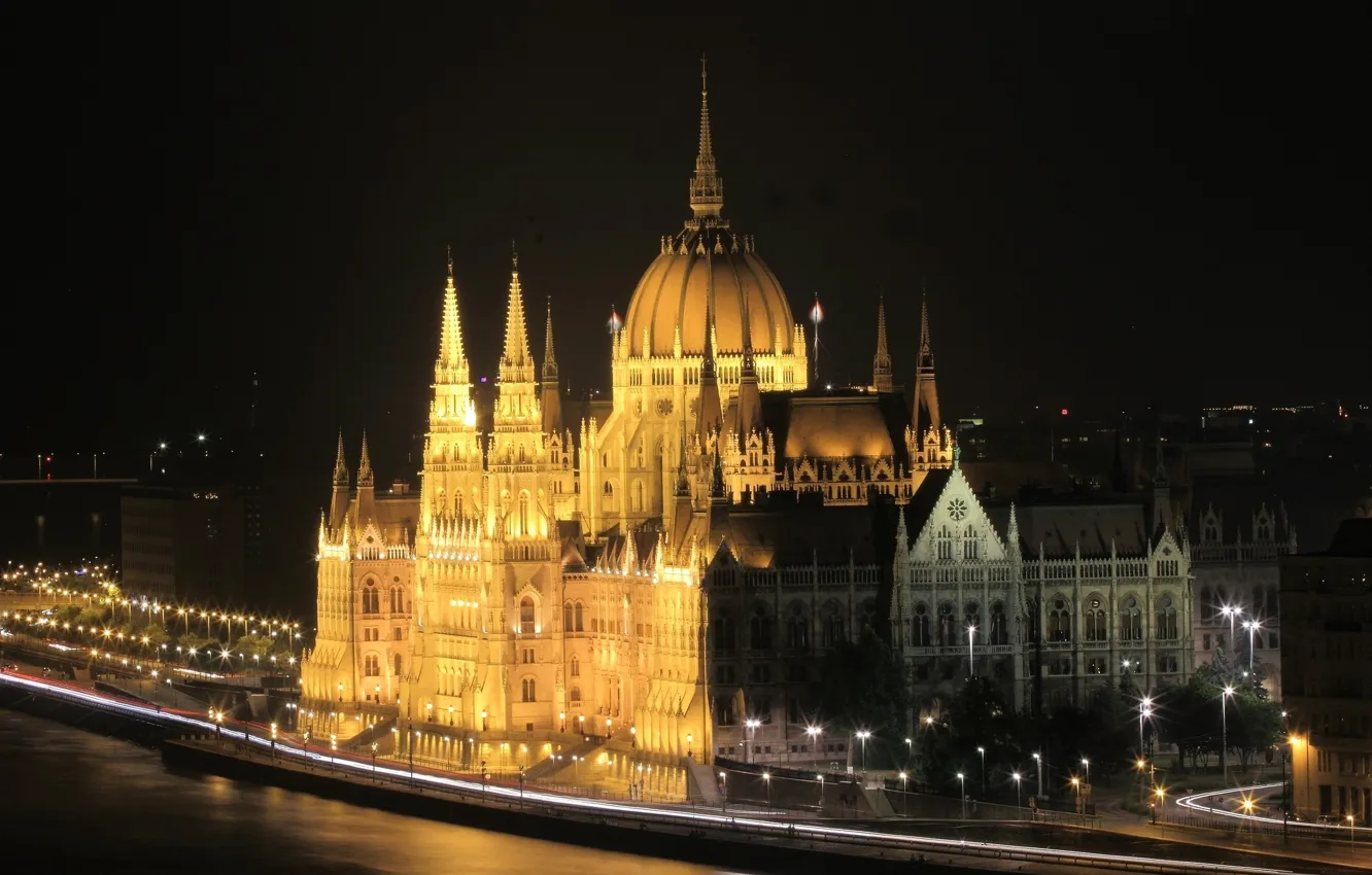 Фото обои ночь, огни, Парламент, Венгрия, Будапешт