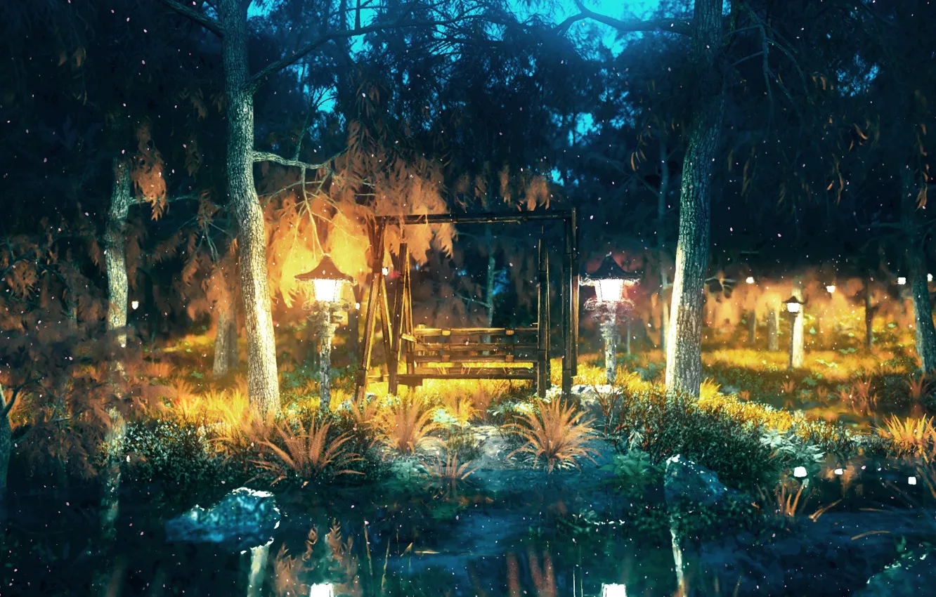 Фото обои лес, ночь, пруд, качели, фонари, by K&P