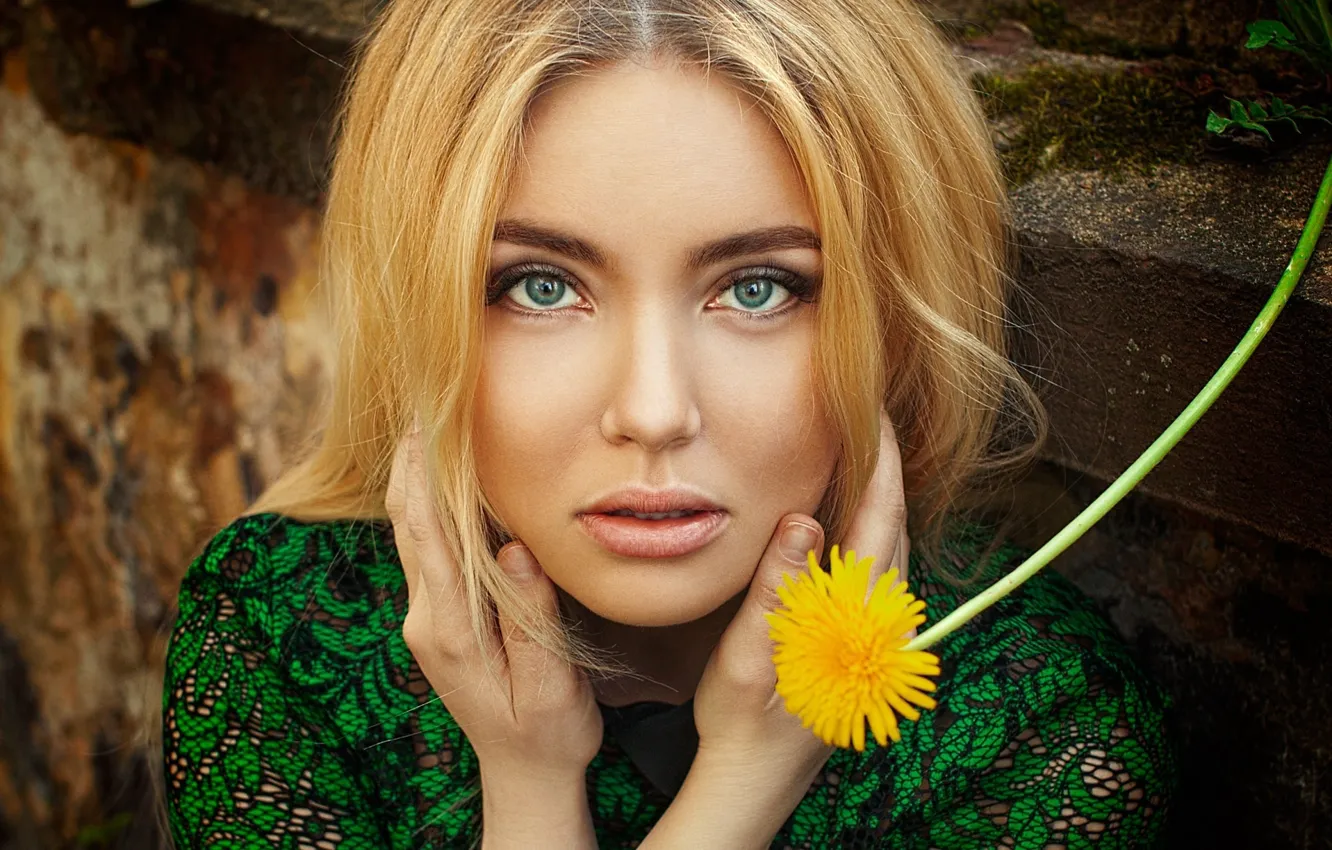 Фото обои девушка, цветы, крупный план, желтый, лицо, одуванчик, портрет, руки