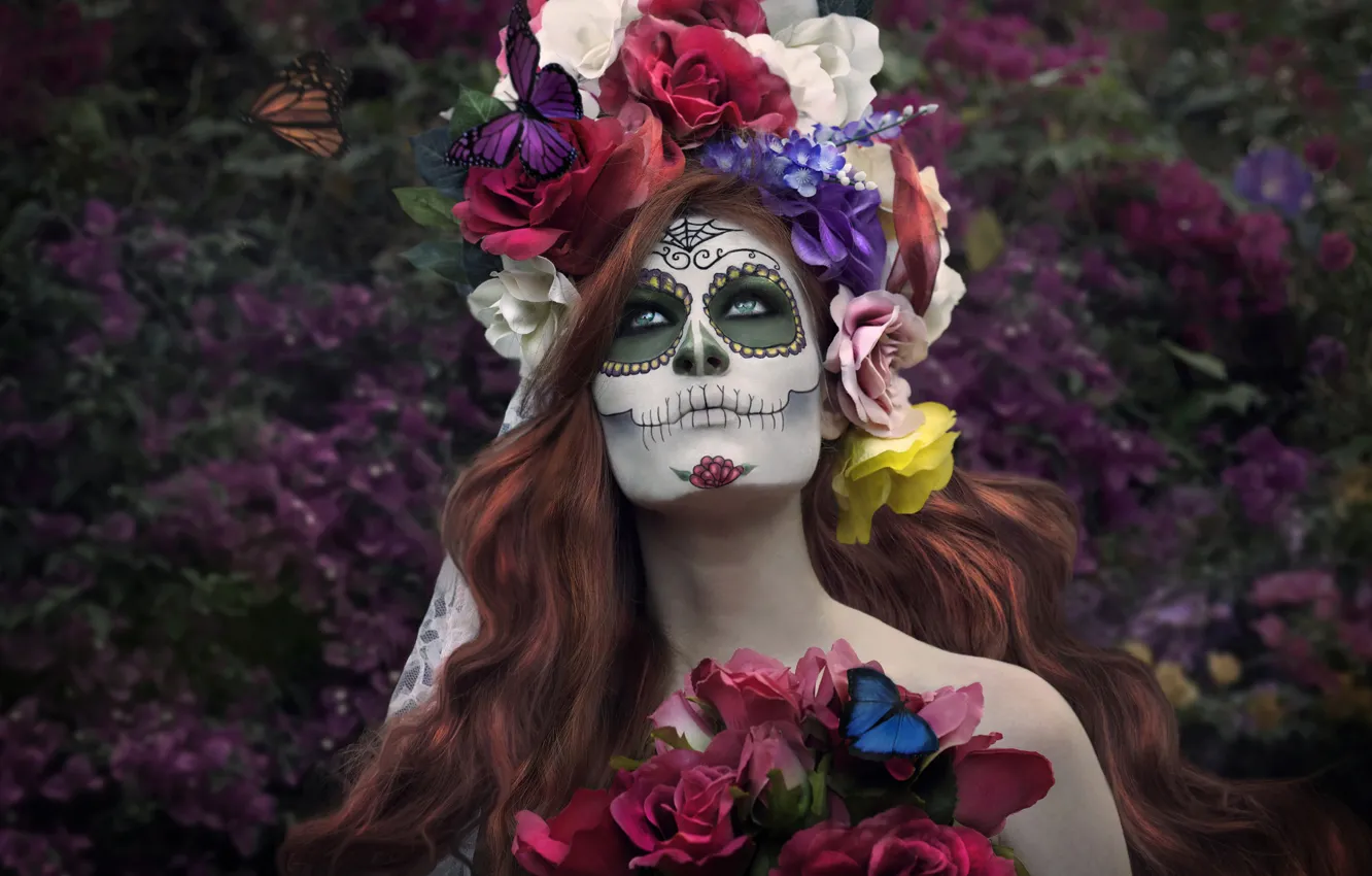 Фото обои девушка, бабочки, цветы, лицо, раскрас, dia de los muertos, день мёртвых