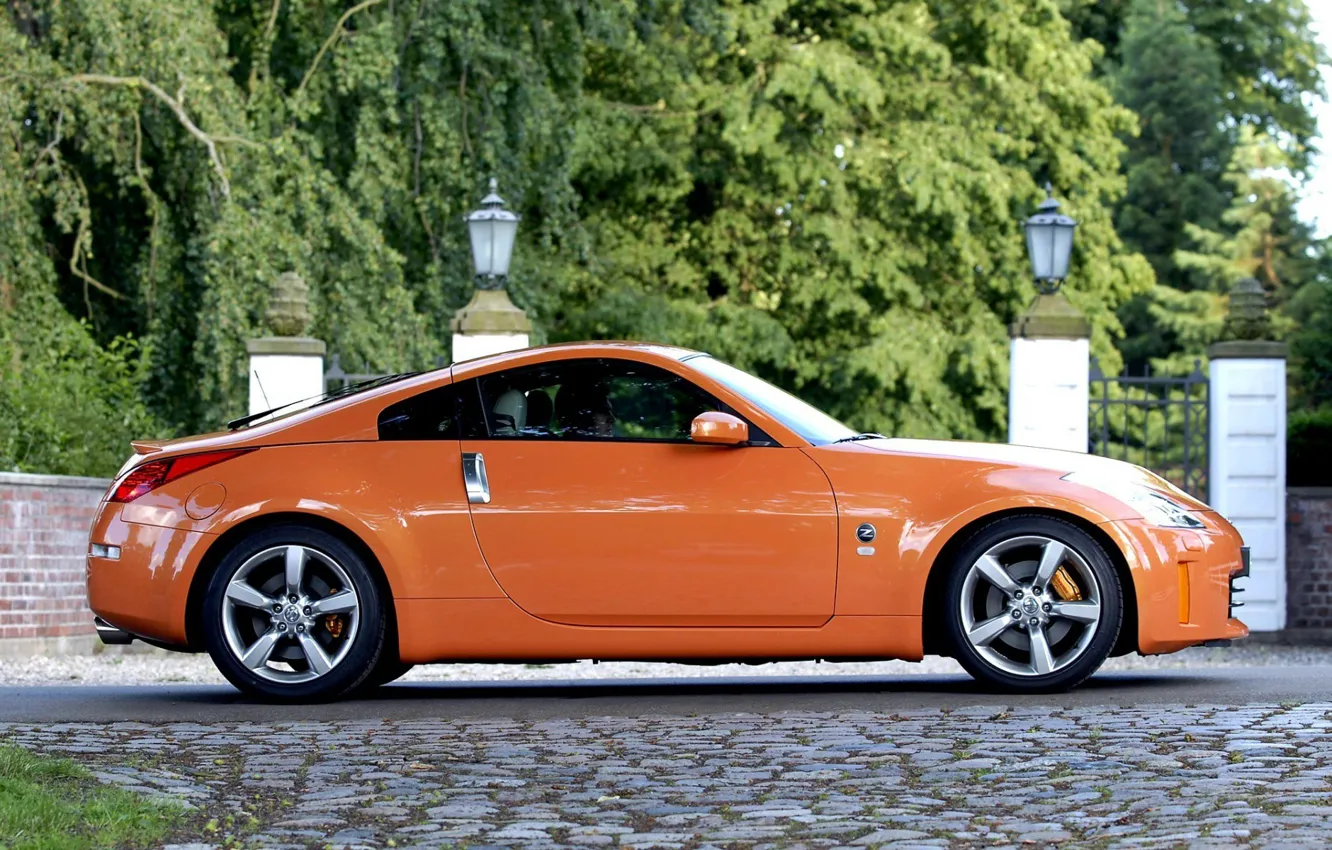 Фото обои оранжевый, Nissan, загород