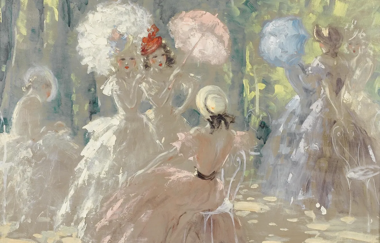 Фото обои Прогулка, Louis Icart, масло по дереву