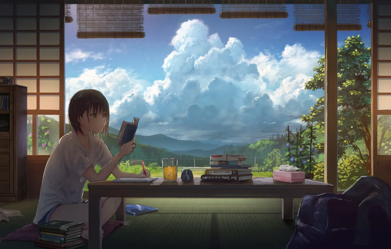 Фото обои облака, стол, комната, книги, девочка